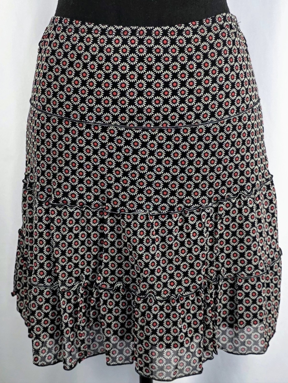 Black Floral Ruffle Mini Skirt Tiered Boho Lightweight Flowy Small